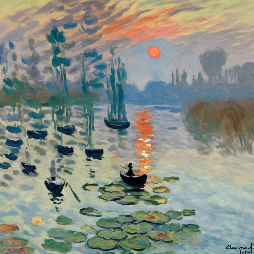 Πίνακας ηλιοβασιλέματος με βάρκες σε λίμνη, εμπνευσμένο από την τέχνη του Μονέ, ήρεμο φυσικό τοπίο.