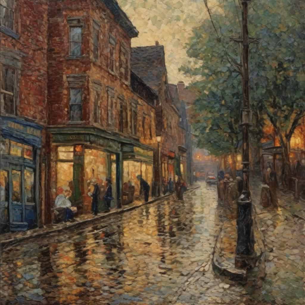 παραδοσιακός δρόμος με περαστικό και καταστήματα, βροχερή ημέρα, ζωγραφιά σε ιταλικό στυλ, ήρεμο και γοητευτικό σκηνικό, στιγμή σε μια ήσυχη πόλη, τέχνη και πολιτισμός, Η Σύνθεση ως Ιστορία Χωρίς Λόγια.