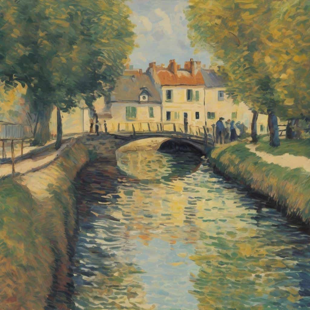 ψηφιακό έργο τέχνης με θέα ποταμού και παραδοσιακής γέφυρας, καλοκαιρινή ατμόσφαιρα, ζωγραφισμένο σε ιμπρεσιονιστικό στυλ.