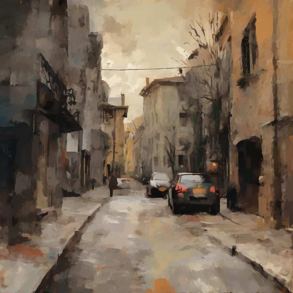 Λιθάρινος δρόμος με παλιά κτήρια και αυτοκίνητα, ζωγραφική που απεικονίζει την αστική ιστορία χωρίς λόγια.