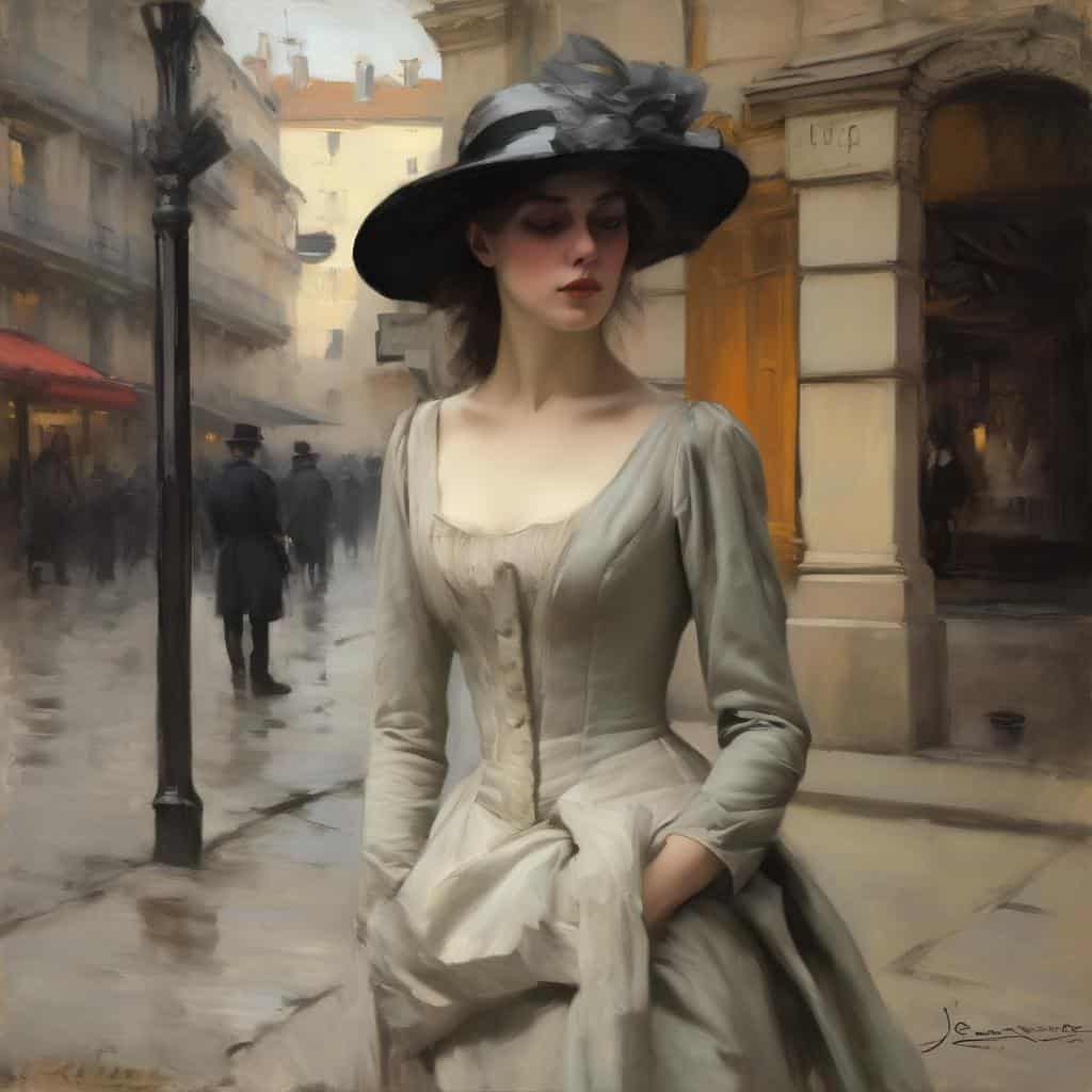 Λεζάντα: Γυναίκα σε περίπατο στην πόλη με vintage στιλ και καπέλο, δημιουργώντας αριστουργηματική εικόνα χωρίς λόγια.