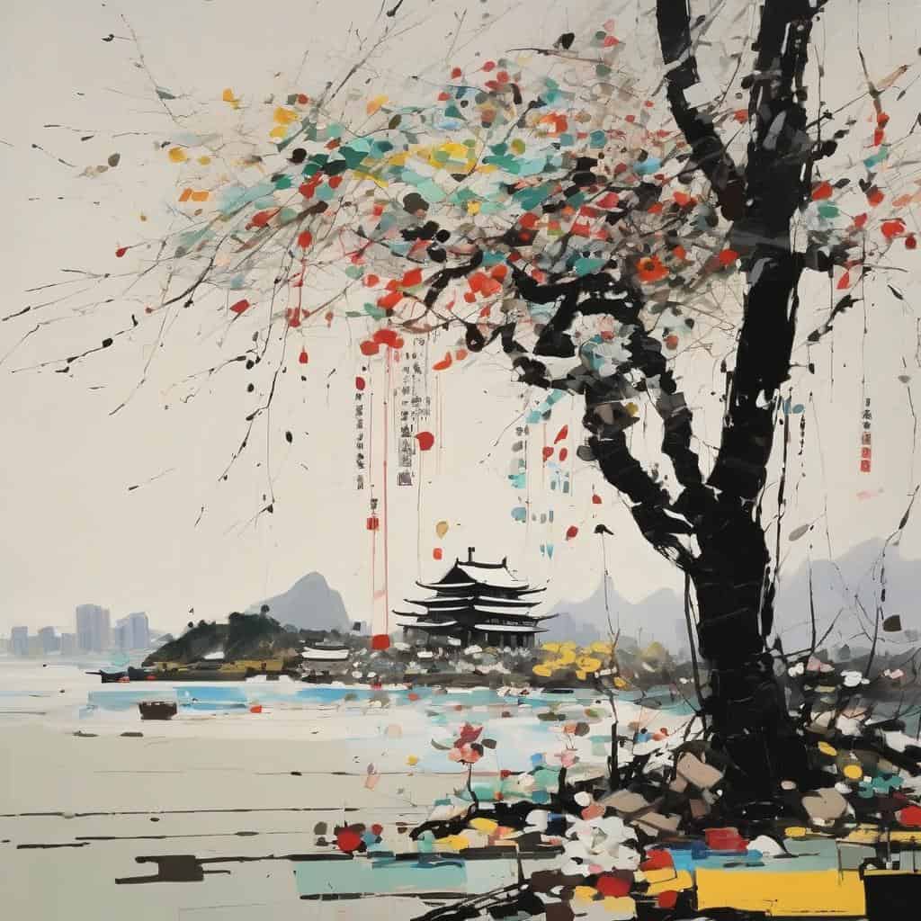 Έγχρωμο σύγχρονο πίνακα με δέντρο μπροστά σε ποίηση και φιλοσοφία, στην πόλη, με ρευστές γραμμές και δυναμικές λεπτομέρειες.