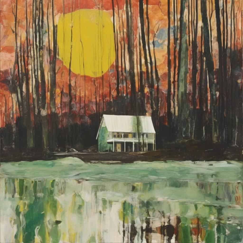 Καρικατούρα ενός σπιτιού κοντά σε λίμνη με δάση και μεγάλο ήλιο στον ορίζοντα.