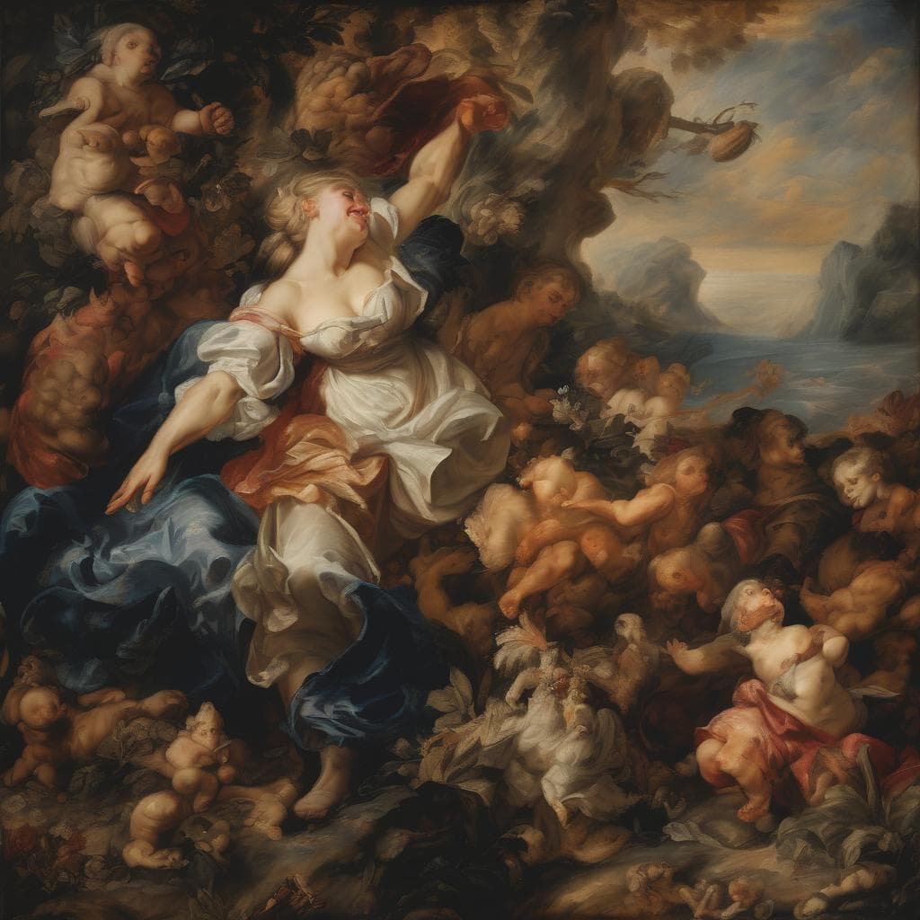 Ουράνιες μορφές και παιδικές παρουσίες σε σκηνή με κίνηση και συγκίνηση, επισημαίνοντας την ανθρωπότητα και τη θεία δύναμη.