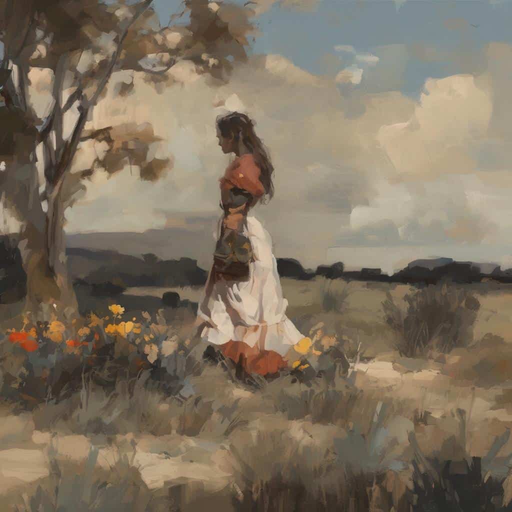 Μόνο γυναίκα σε εξωτερικό τοπίο με λουλούδια, ψηφιακή ζωγραφιά, ήσυχη ατμόσφαιρα, καλλιτεχνική σύνθεση nature art.